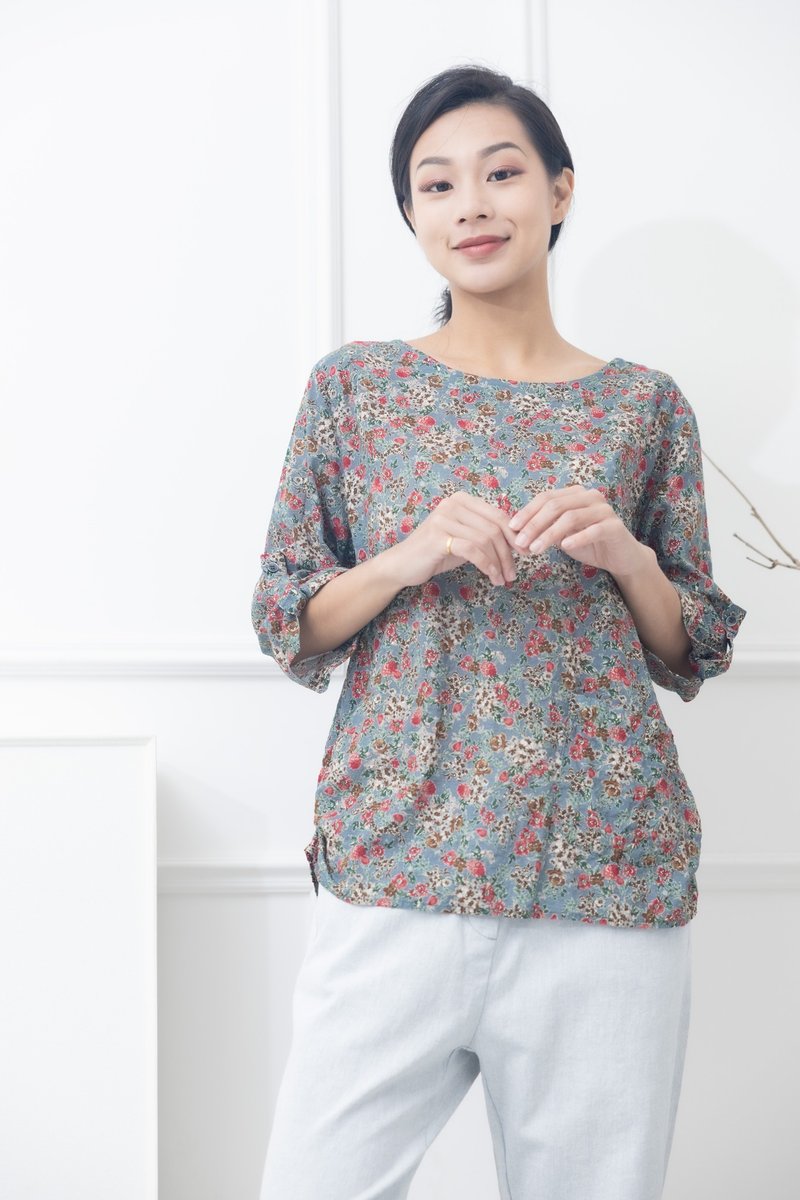 小碎花紅棕綠小花綠葉七分袖上衣  藍綠色 - 女上衣/長袖上衣 - 其他材質 藍色