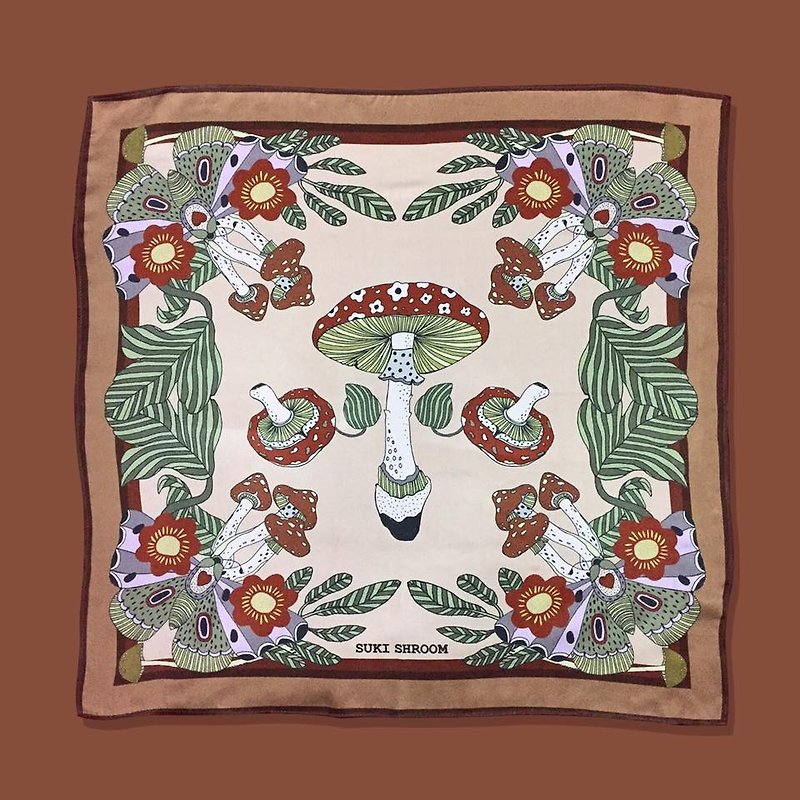 Silk Mushroom Square Scarf Self-designed Brown 53x53cm - ผ้าพันคอ - ผ้าไหม สีนำ้ตาล