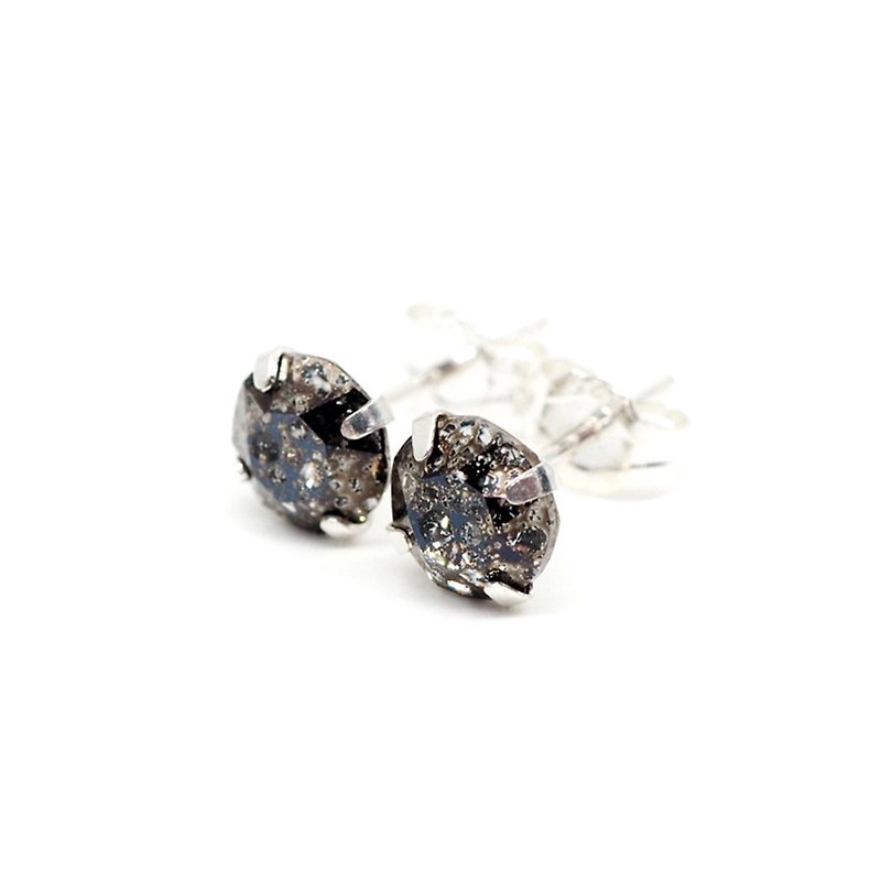 黑色隕石施華洛世奇水晶 - 耳釘耳環 - 925純銀 - 6毫米圓形 - 耳環/耳夾 - 其他金屬 黑色