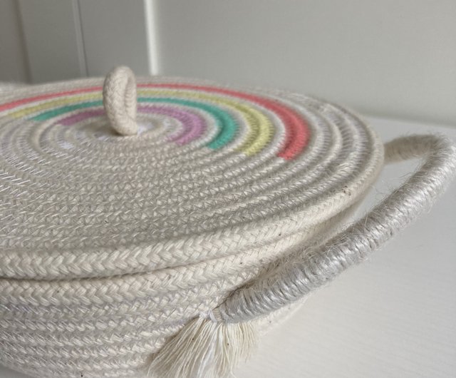 Small rope basket with lid Pastel rainbow decor Cotton rope basket with  handles - Shop KOTTOSH ART Baby Accessories - Pinkoi