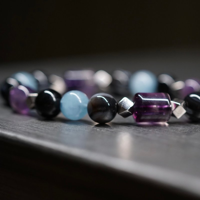 New Year Good Luck Bracelet • Dream-carrying Flying Stone Sky Eye Stone Aquamarine Amethyst Sterling Silver - Bracelets - Crystal Black