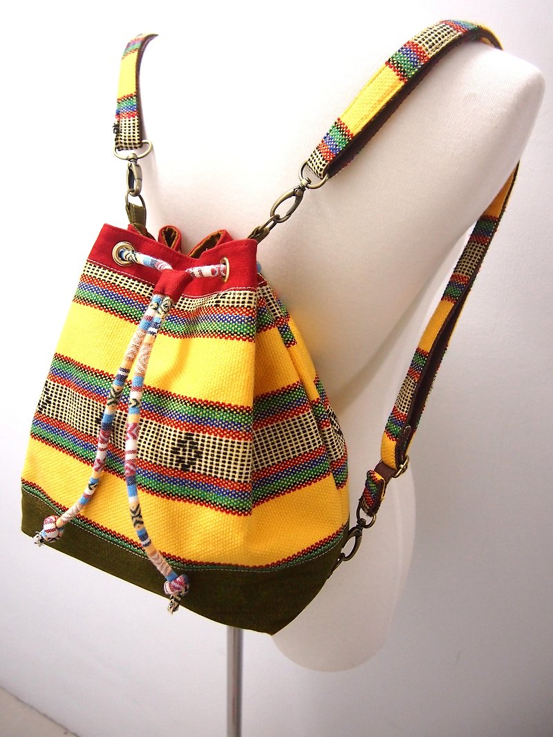 【Missbao Hand Creations】Taiwanese Aboriginal Bags - Back/Slantback/Shoulder Back - กระเป๋าเป้สะพายหลัง - ผ้าฝ้าย/ผ้าลินิน สีเหลือง