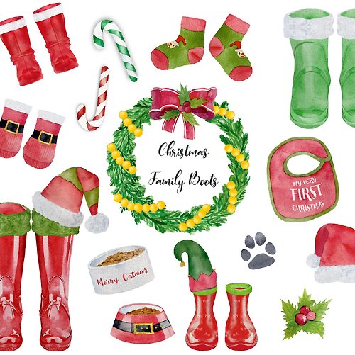 Art and Funny Watercolor Christmas wellies clipart for personalised family Welly Boots print