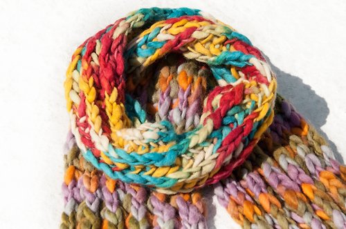 omhandmade 手織純羊毛圍巾/針織圍巾/鉤織條紋圍巾/手工針織圍巾-粗線條彩虹