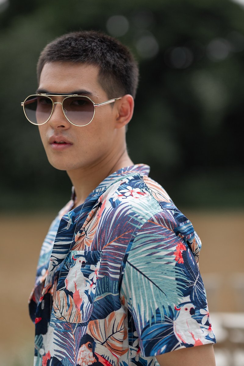 JUN Tropical Printed Banded Collar Short Sleeve Shirt - Men's Shirts - Cotton & Hemp Multicolor