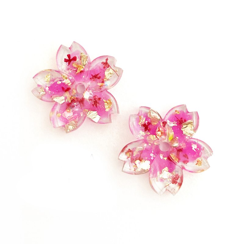 Japanese resin  Pink cherry blossom gold leaf - Earrings & Clip-ons - Resin Pink