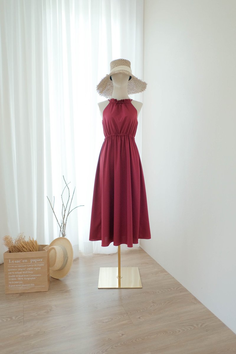 Minimal burgundy midi dress red bridesmaid dress spring summer sundress - 洋裝/連身裙 - 聚酯纖維 紅色