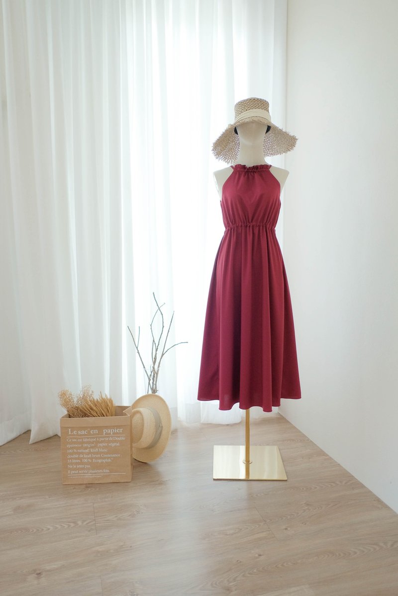 Minimal burgundy midi dress red bridesmaid dress spring summer sundress - 洋裝/連身裙 - 聚酯纖維 紅色