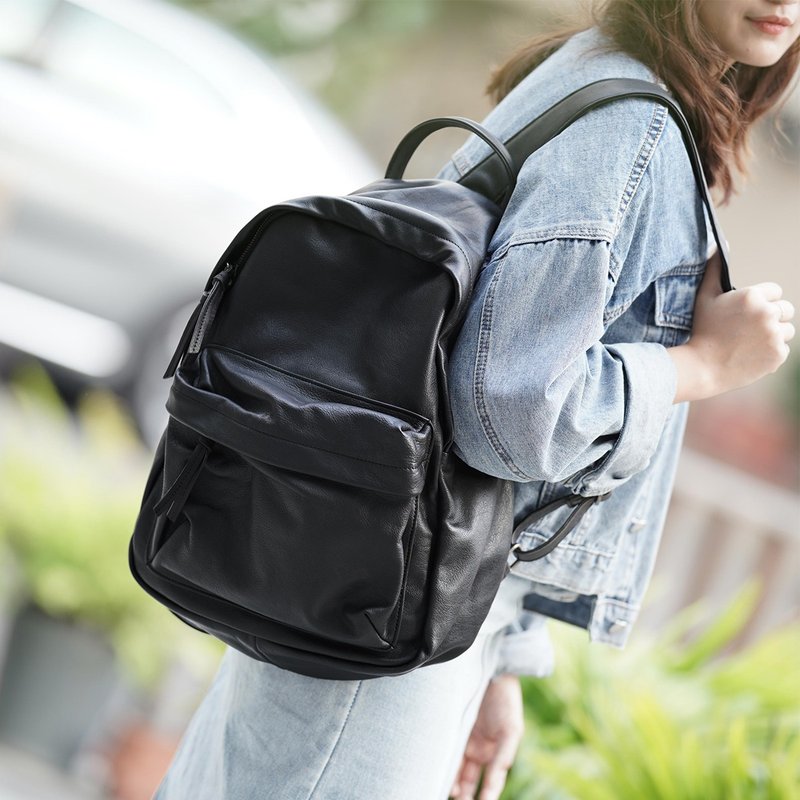 Multi-Zip Layer Pocket Commuter Unisex Leather Backpack - Backpacks - Genuine Leather Black