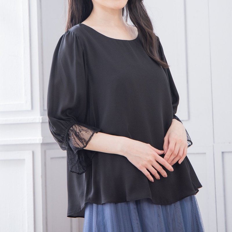 袖蕾絲雪紡寬鬆上衣   黑 - 女上衣/長袖上衣 - 聚酯纖維 黑色