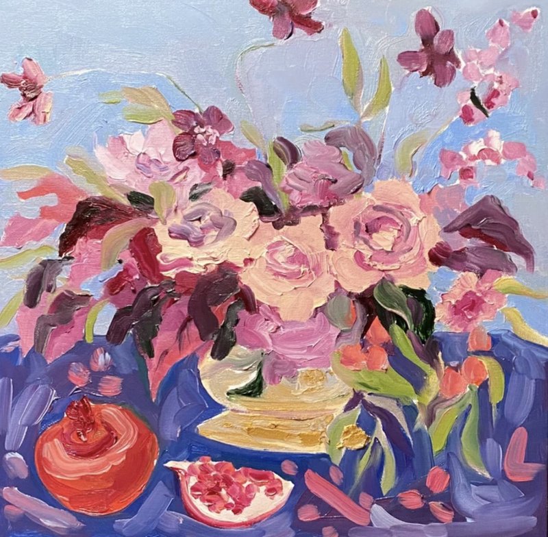 Still life with Roses and Pomegranate, Original oil painting on canvas, Flowers - 壁貼/牆壁裝飾 - 其他材質 粉紅色