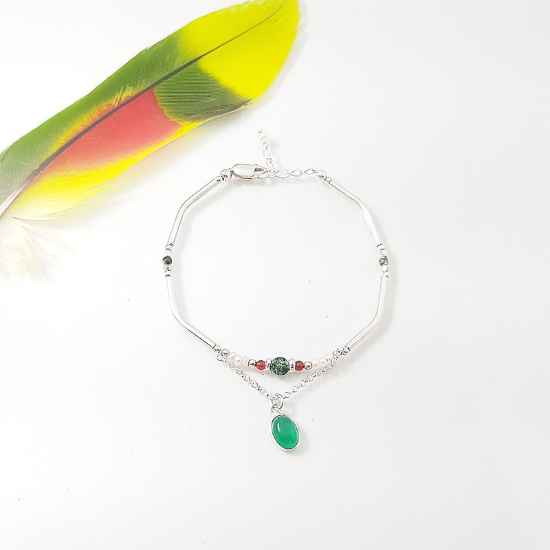[ColorDay] Bird Green Agate Silver Bracelet / Green Agate / グリーンメノウ - Bracelets - Gemstone Green