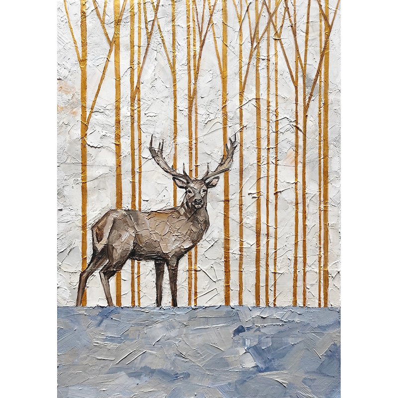 Deer painting forest hand-painted original art oil painting wild animal wall art - Posters - Other Materials Gray