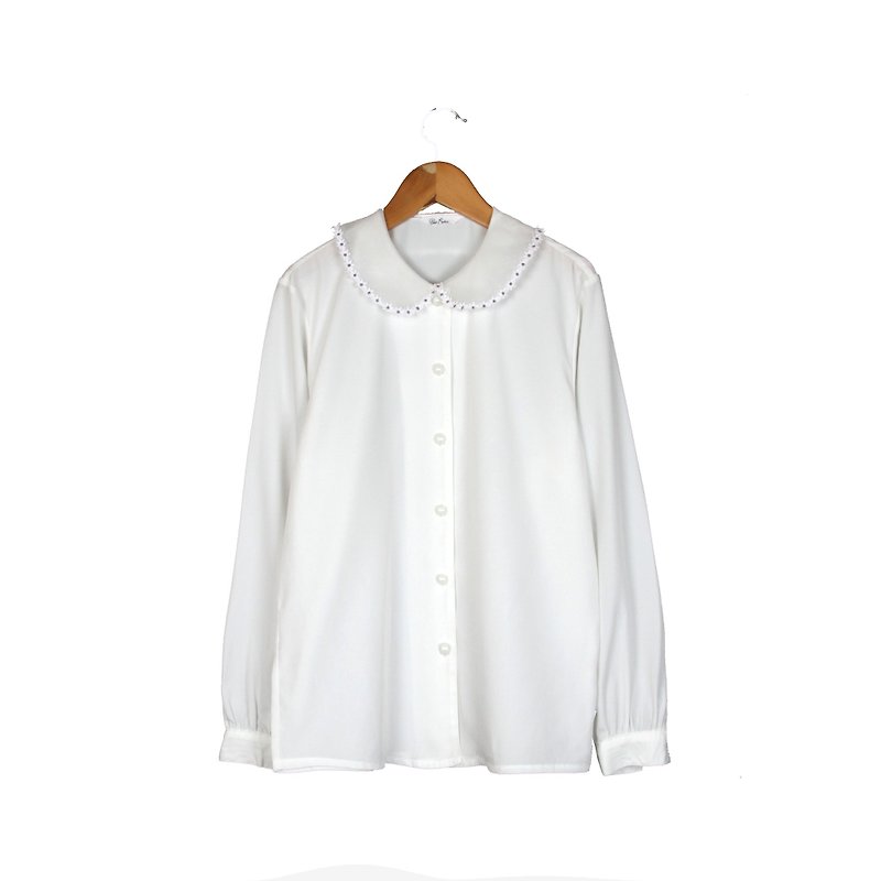 【蛋植物古着】蕾絲圓領純白古著襯衫WS01 - 恤衫 - 聚酯纖維 白色