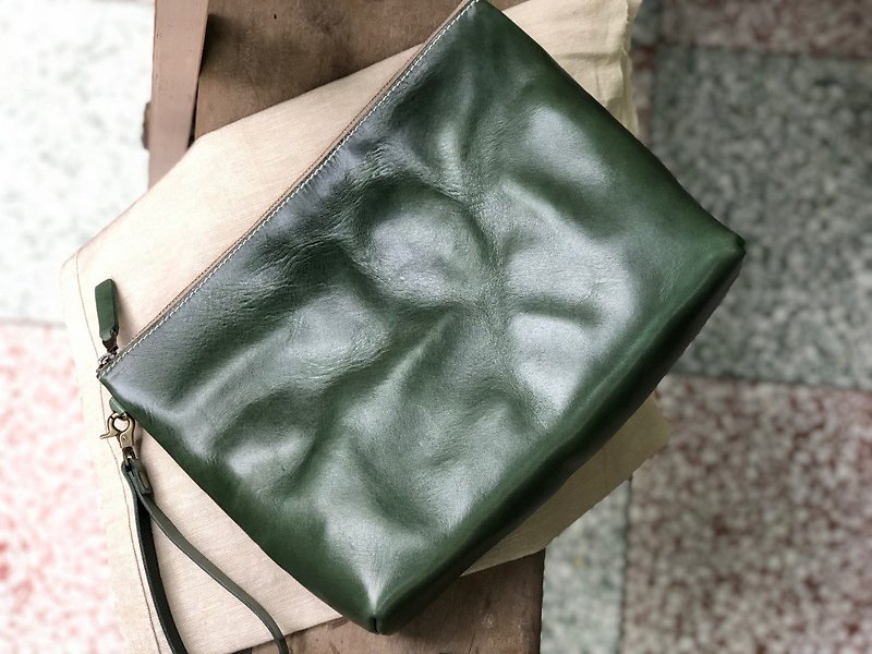 European emerald clutch leather handbag-vegetable tanned cowhide- - อื่นๆ - หนังแท้ สีเขียว