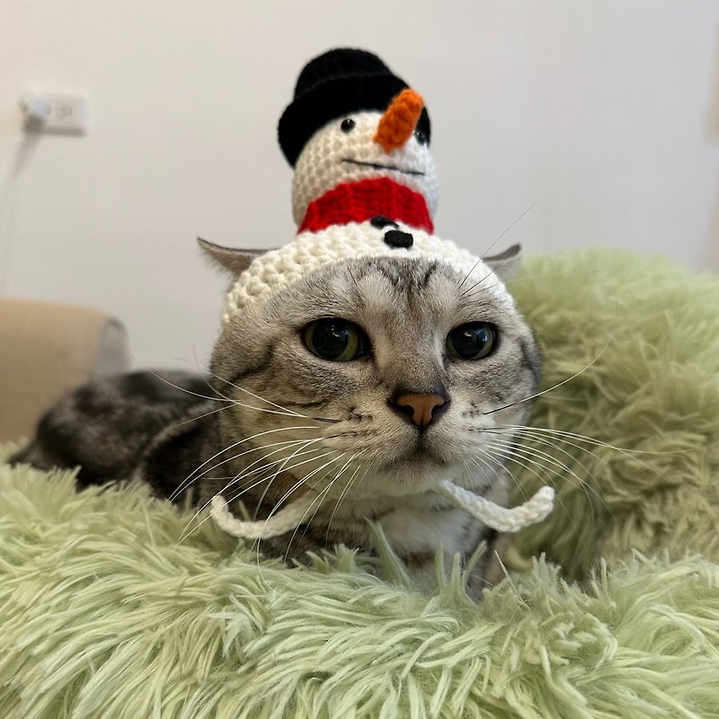 Wool handmade snowman hat pet Christmas hat pet Christmas dress up cat Christmas dog Christmas - ชุดสัตว์เลี้ยง - ผ้าฝ้าย/ผ้าลินิน ขาว