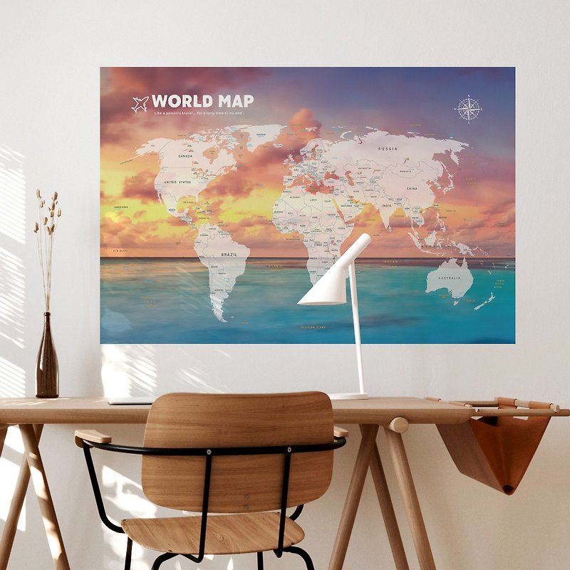 【輕鬆壁貼】世界地圖/夕陽海岸 - 無痕/居家裝飾 - 壁貼/牆壁裝飾 - 聚酯纖維 