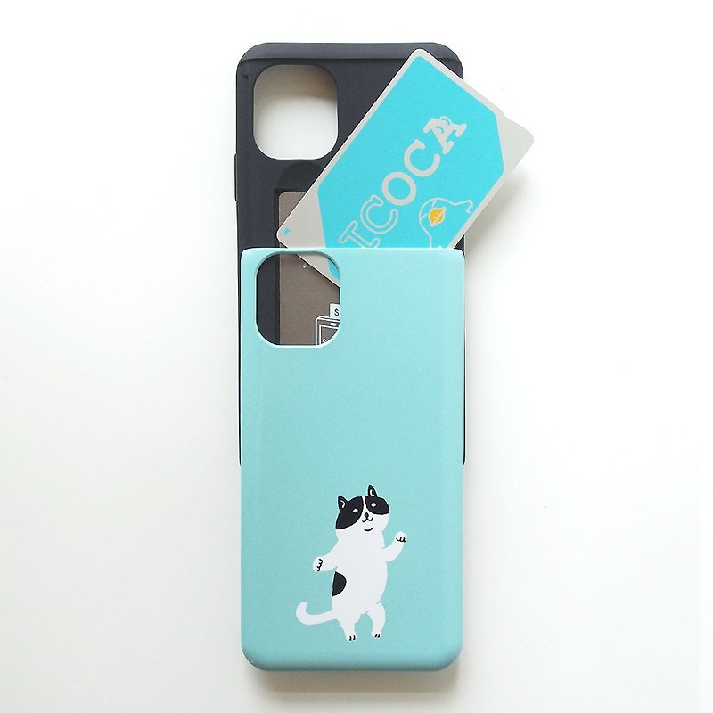 IC card storage iPhone case  - Round Cat - - เคส/ซองมือถือ - ซิลิคอน สีน้ำเงิน