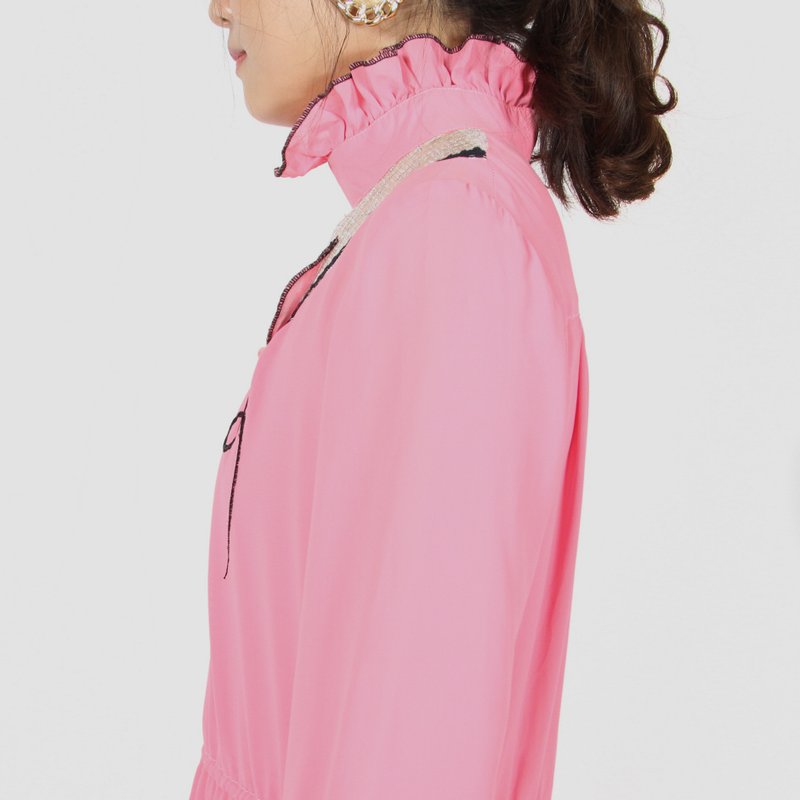 【Egg Plant Vintage】Pink pink bubble solid color vintage dress - One Piece Dresses - Polyester Pink