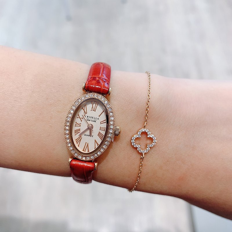 迷你復古橢圓形真皮手錶 - 女裝錶 - 其他金屬 多色