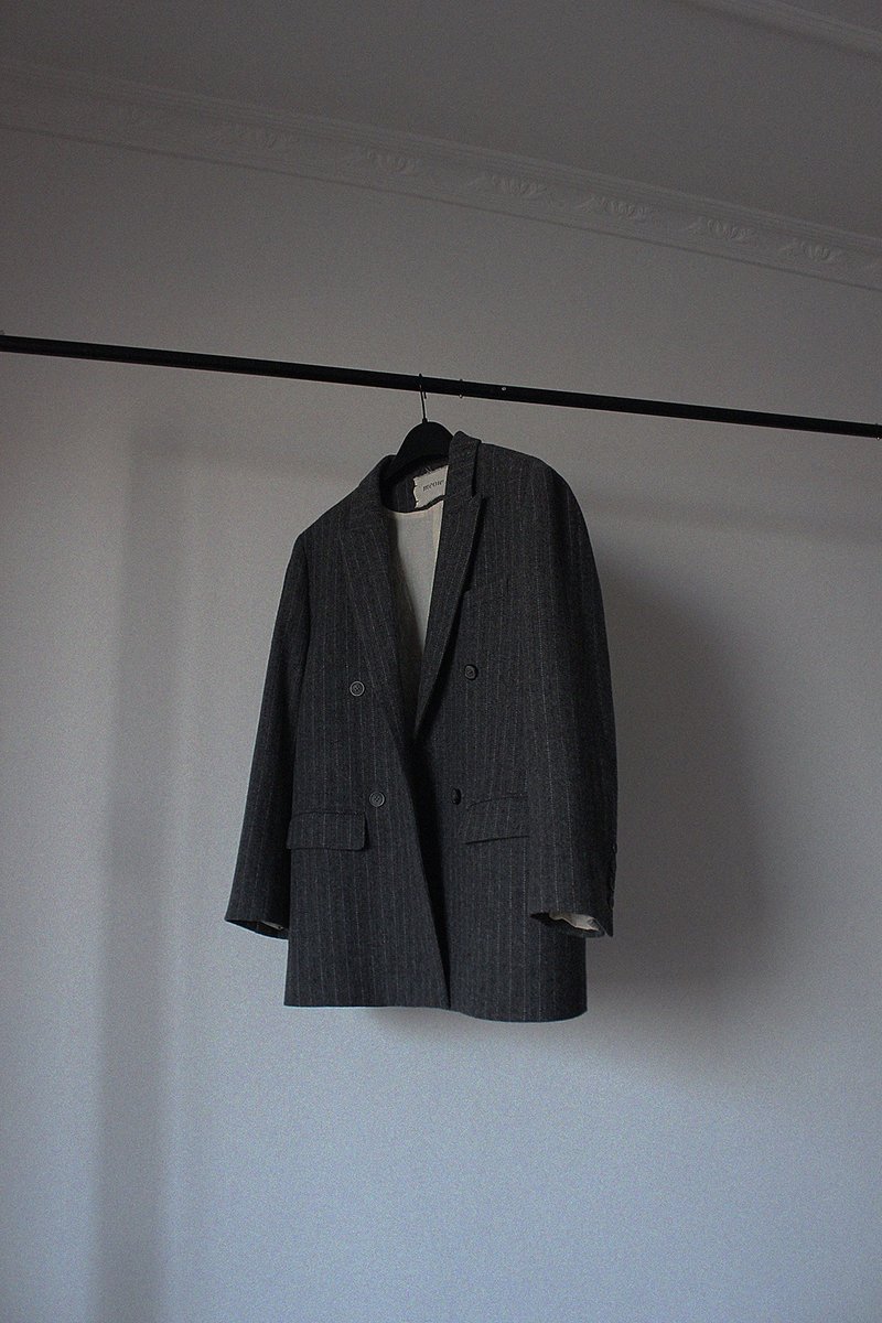 Custom retro striped wool double-breasted loose suit jacket dark gray - Women's Blazers & Trench Coats - Wool Gray