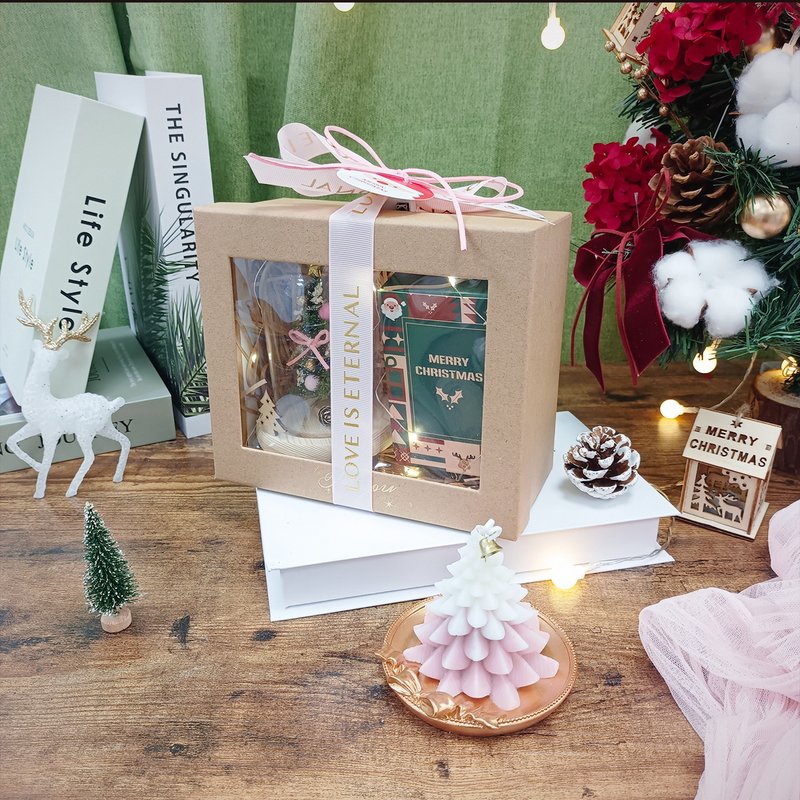 Christmas tree candle×Eternal Christmas tree LED glass cover exchange gift box/romantic pink/with candle holder and lamp - ช่อดอกไม้แห้ง - พืช/ดอกไม้ สึชมพู