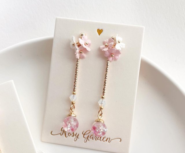 Rosy Garden 三色桜流砂クリスタルボール ロングピアス 交換用