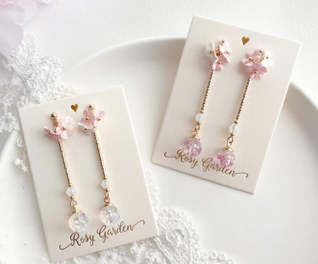 Rosy Garden 三色桜流砂クリスタルボール ロングピアス 交換用