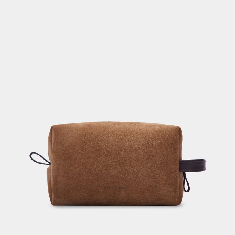 柔韌鏽色絨面革化妝包附口袋 – 旅行收納包 - 手提包/手提袋 - 真皮 橘色
