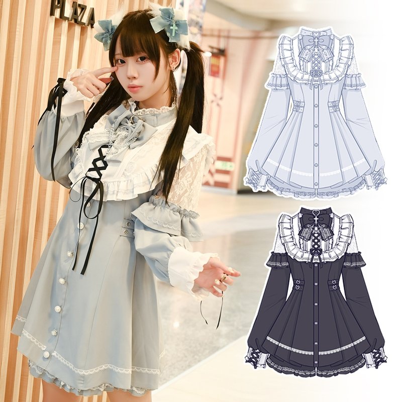 JIRAI KEI lolita Ryousangata lace frill belted sailor shirt dress 2pc JJ4075 - ชุดเดรส - ผ้าฝ้าย/ผ้าลินิน 