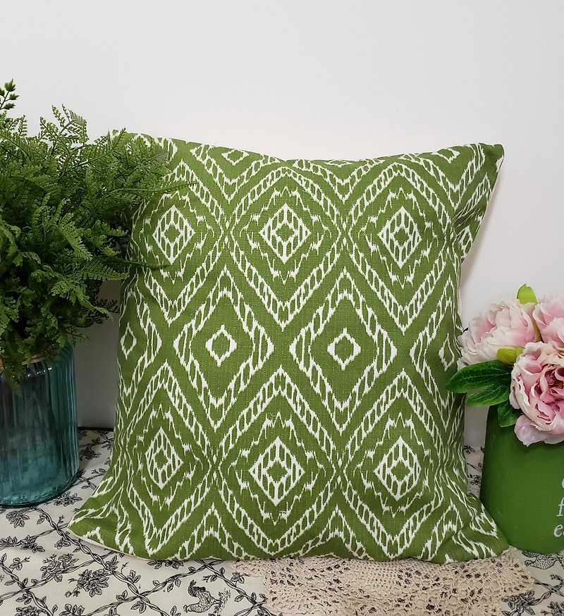 Nordic Style Feature Ethnic Style Green Geometric Pattern Throw Pillow Pillow Cushion Pillowcase - หมอน - ผ้าฝ้าย/ผ้าลินิน สีเขียว