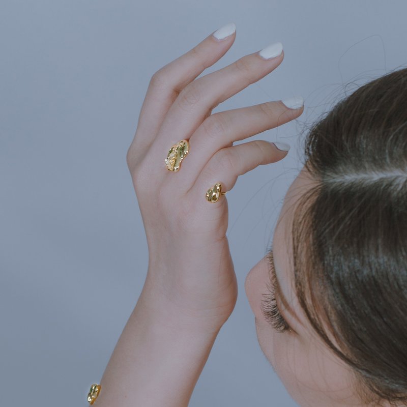 DATE. 09/10/22. Space Ice - Herkimer Diamond Open Double Finger Ring-Gold Plated - General Rings - Copper & Brass Gold