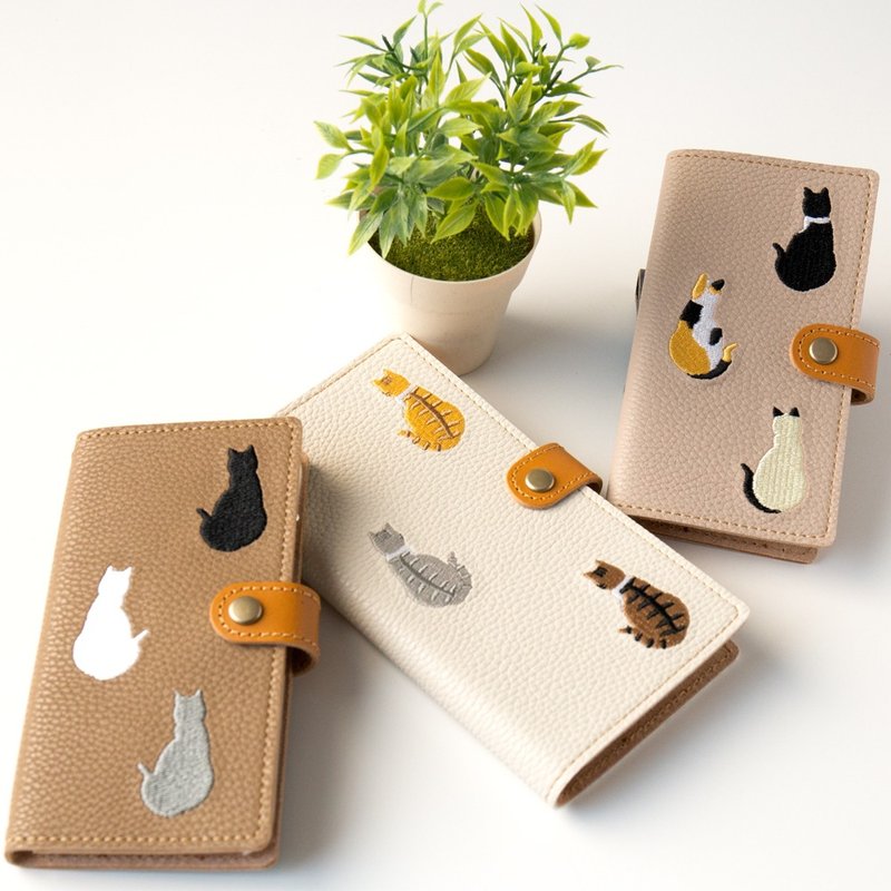 全機種対応 スマホケース 手帳型 【 刺繍 うしろ向き猫 2 】 レザー 猫 iPhone Android A143I - 手機殼/手機套 - 真皮 咖啡色