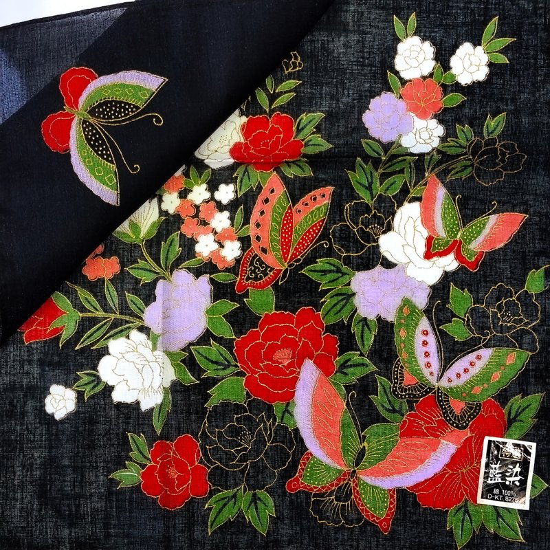 Vintage Japanese Handkerchief – Traditional Floral & Butterfly 17 x 17 inches - 手帕 - 棉．麻 黑色