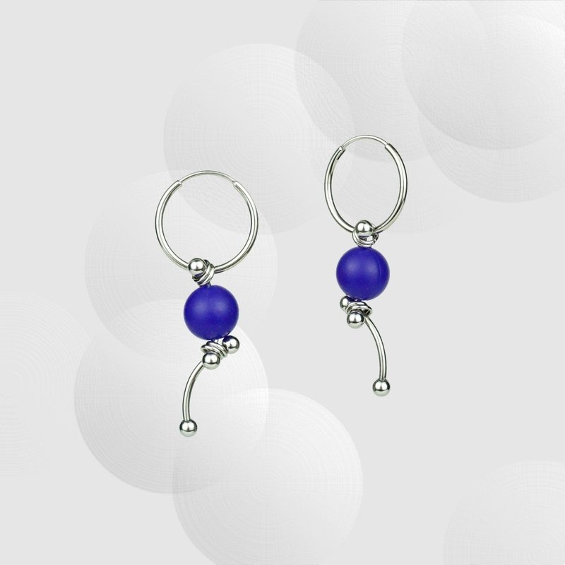 BOUNCE rhythm series elastic silicone blue round bead pendant circle earrings - ต่างหู - สแตนเลส สีน้ำเงิน