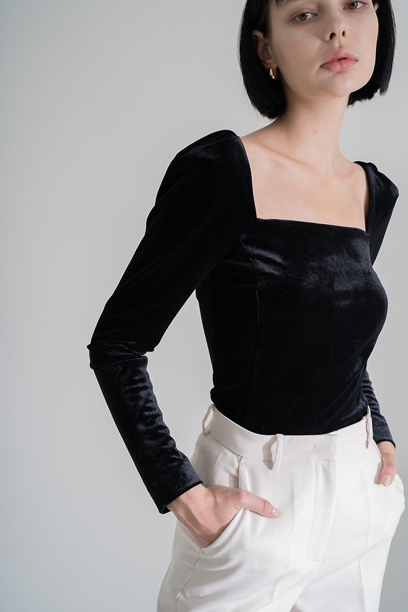 Square Neck Raglan Sleeve Blouse - เสื้อผู้หญิง - เส้นใยสังเคราะห์ สีดำ