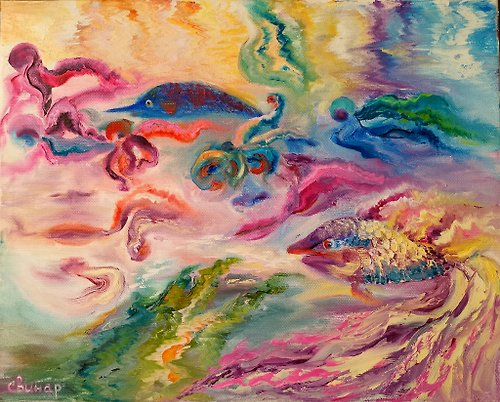 Original oil painting artist Svinar Oksana Abstract Sea Diving Art Original Oil Painting Fish People Artist Svinar Oksana