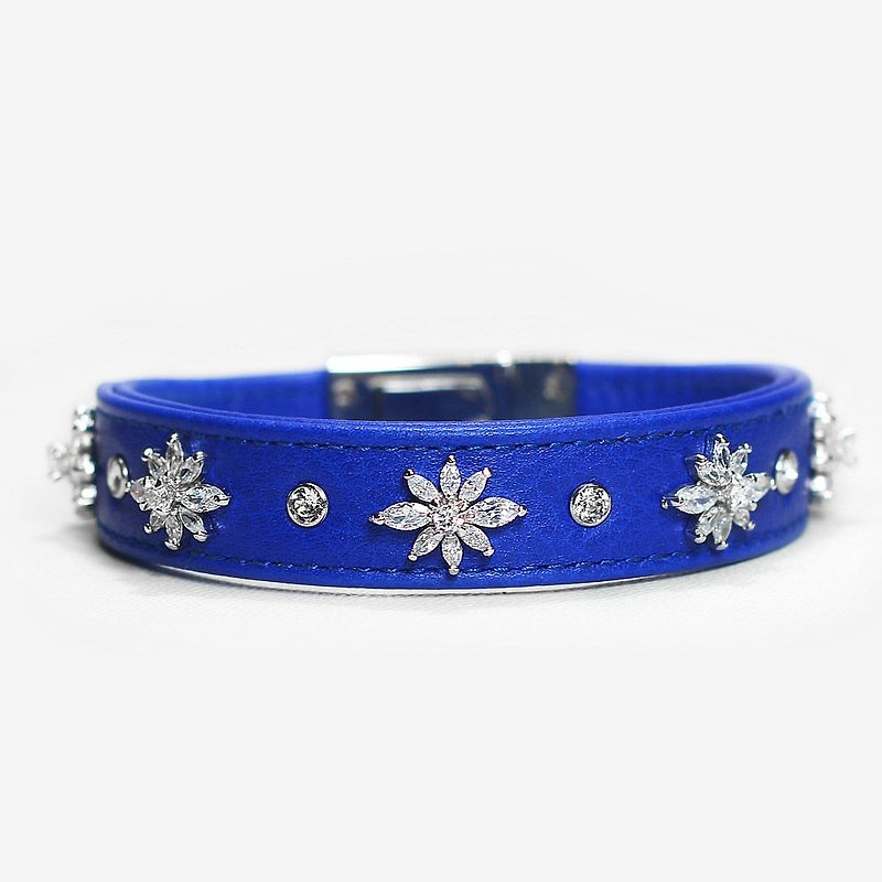 [Leather rope] S size Stone luxury leather leather collar ((lettering)) - Collars & Leashes - Genuine Leather Blue