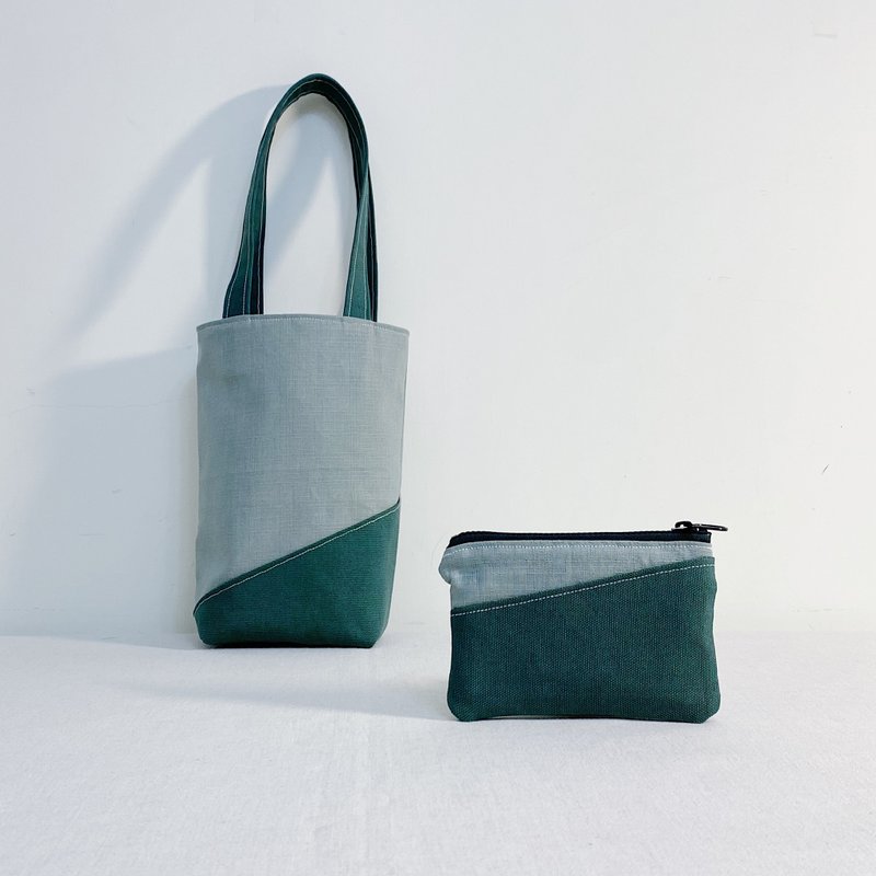 【現品】控えめなアッシュグリーンが魅力の、環境に優しい日常使いのドリンクホルダー＆ミニポーチセット - トートバッグ・ハンドバッグ - コットン・麻 グリーン