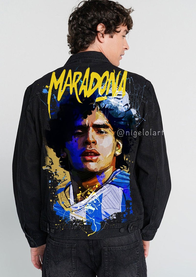 Maradona Painted Denim Jacket Handmade Custom jacket for him Gift idea - 男夾克/外套 - 棉．麻 多色