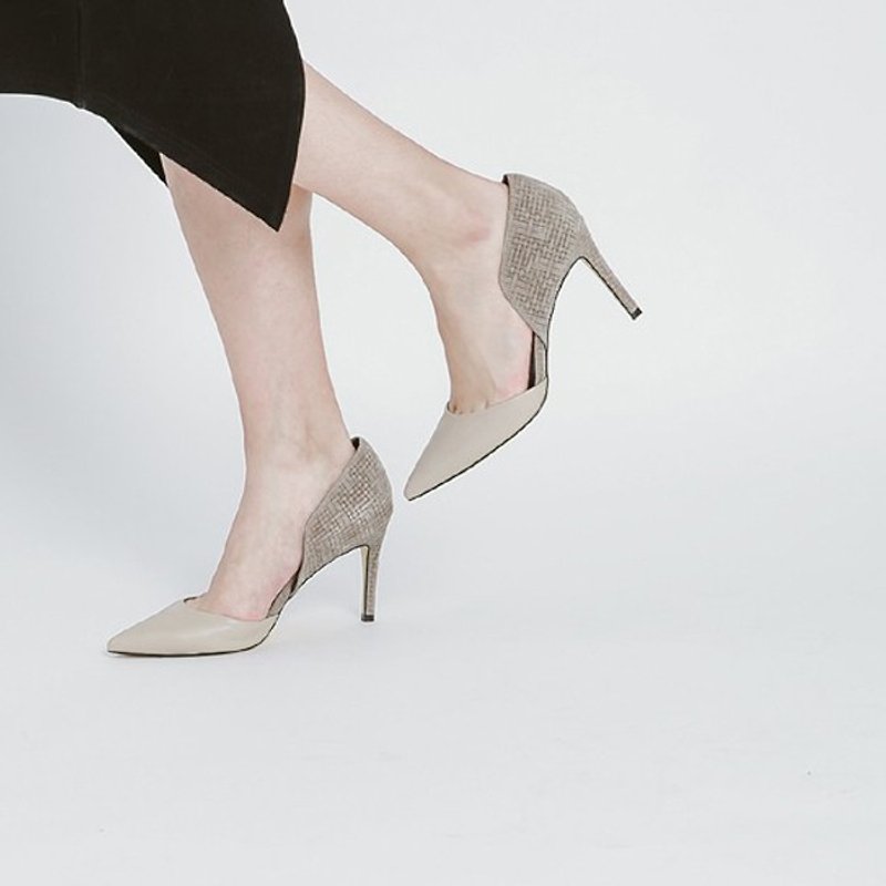 [Clearance SALE] Stand-up collar pointe high-heeled naked - รองเท้าส้นสูง - หนังแท้ สีกากี