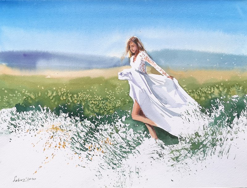 The bride runs through a field of flowers - Original watercolor painting - Wall Décor - Paper White