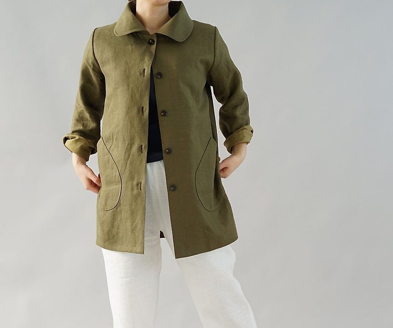 wafu  Linen jacket / midi coat / long sleeve / liner khaki  h011a-olv2 - เสื้อแจ็คเก็ต - ผ้าฝ้าย/ผ้าลินิน สีกากี