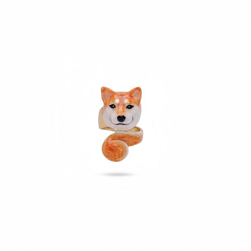 Super cute three-dimensional smiling red-brown Shiba Inu painted enamel ring (size can be fine-tuned) - แหวนทั่วไป - วัตถุเคลือบ 