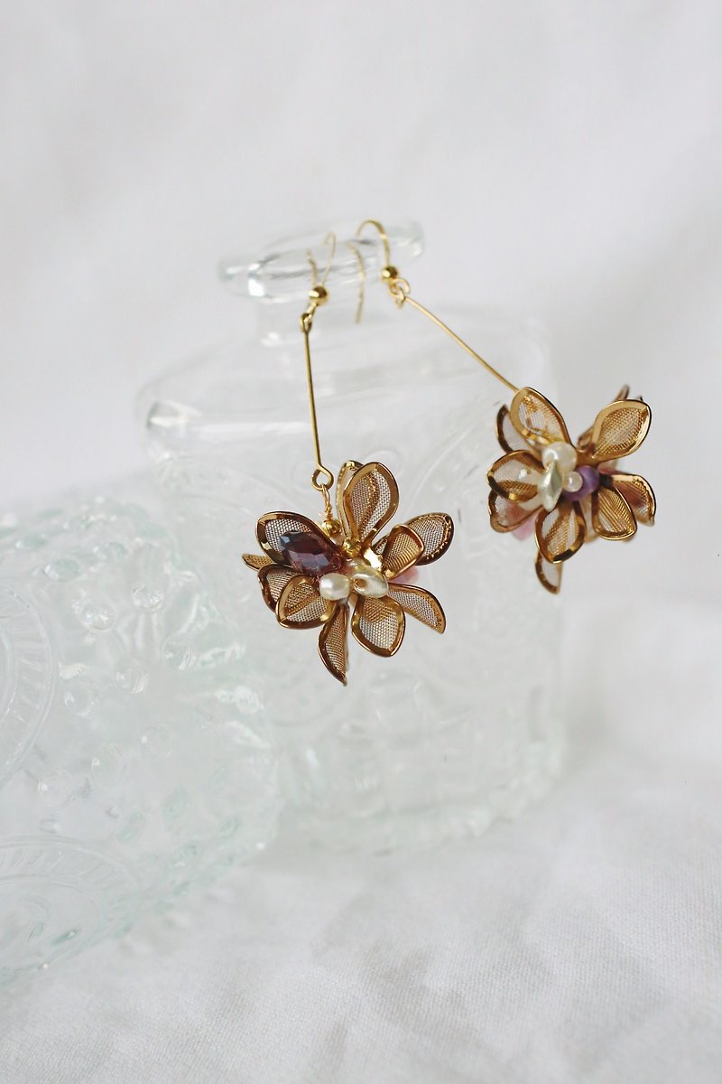 Orchid cacti  floral brass earring earclips - Earrings & Clip-ons - Other Metals Gold
