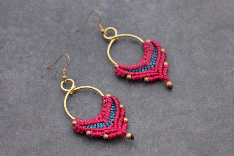 Pink Leaf Drop Earrings Macrame Woven Cotton Hoop Brass - Earrings & Clip-ons - Cotton & Hemp Pink