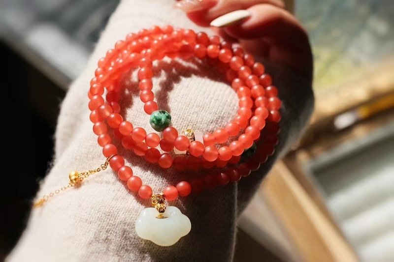 Guofeng Original Natural Baoshan Nanhong 4 Ring Bracelet Sweater Chain - Bracelets - Semi-Precious Stones 
