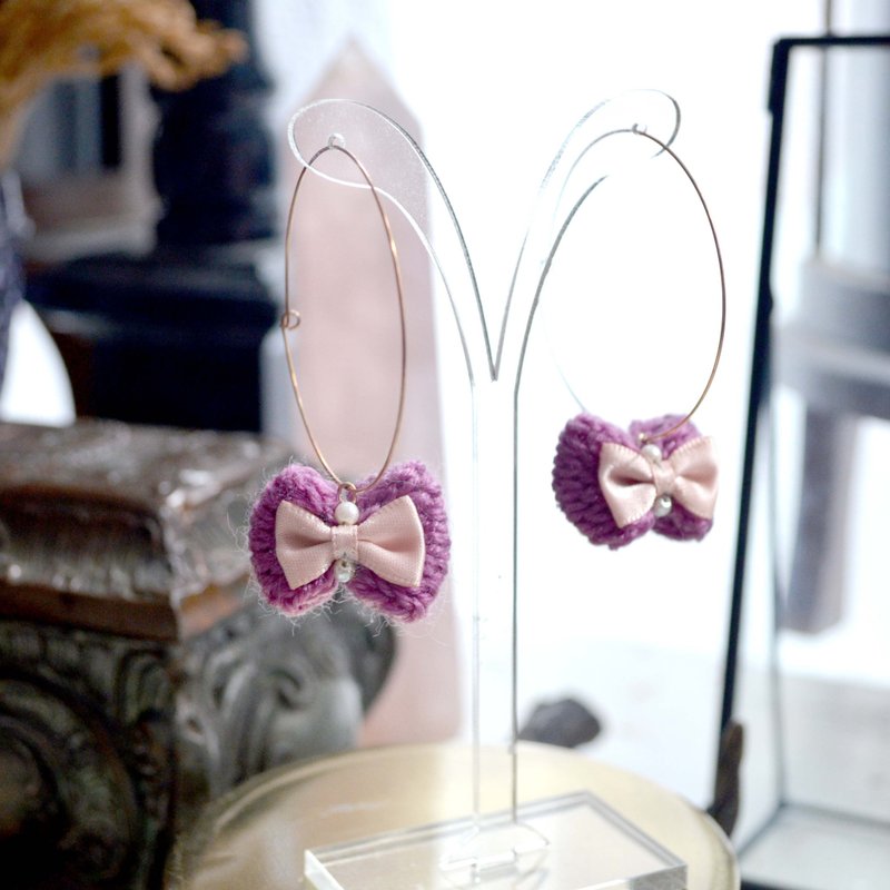 Peach pink knitted bowknot hoop earrings Clip-On girl Japanese high-end second-hand vintage jewelry - Earrings & Clip-ons - Other Materials Multicolor