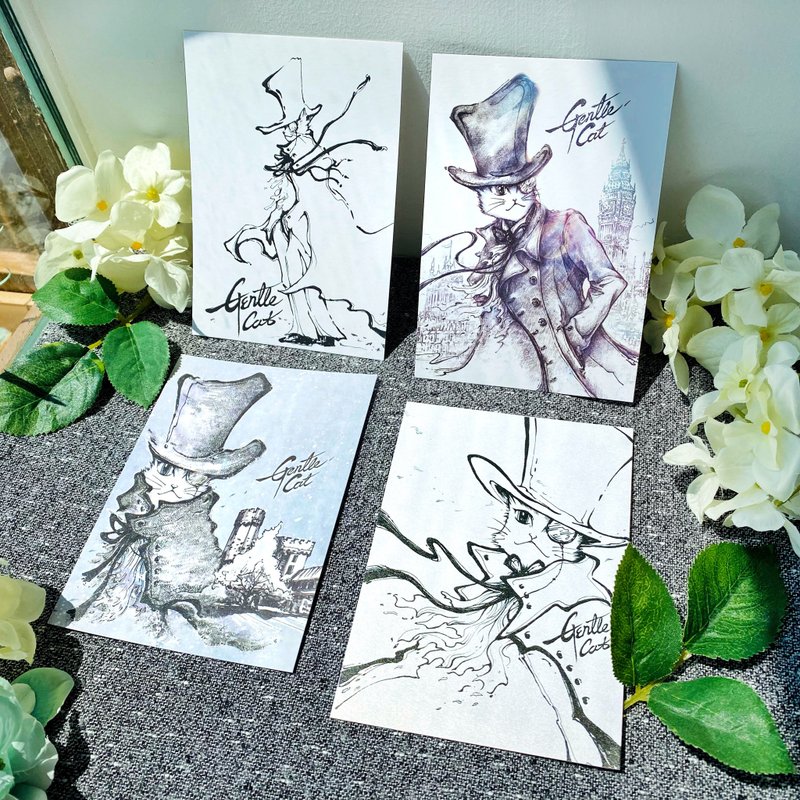 明信片 | 雙面插畫 - 福爾摩斯貓系列 4 款任選 - 卡片/明信片 - 紙 多色