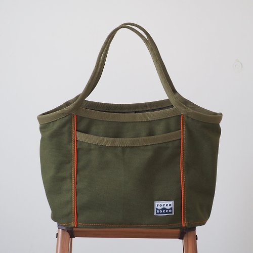 FOCCO.ROCCO CARRYALL BAG 14 ounce canvas bag, khaki green with orange seams.